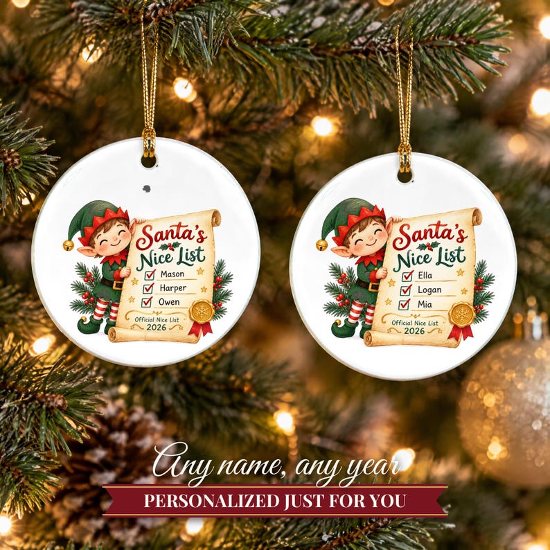 Nice List Ornament Christmas 2026, Santa's Nice List Siblings Names Keepsake, Elf Scroll Custom Kids Gift, Grandkids Ceramic Tree Decor image 9