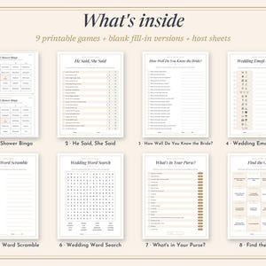 May include: A collection of eight printable wedding shower game sheets featuring titles such as Bridal Shower Bingo, He Said She Said, How Well Do You Know the Bride, Wedding Emoji Pictionary, Wedding Word Scramble, Word Search, What's in Your Purse, and Find the Guest.
