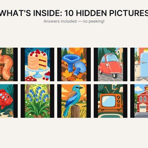 Puede incluir: Un gr&aacute;fico titulado WHAT'S INSIDE: 10 HIDDEN PICTURES que presenta diez ilustraciones coloridas que incluyen un gato, un pastel, hongos azules, un autom&oacute;vil rojo, un refrigerador azul, un pez rojo, flores azules, un p&aacute;jaro azul, un televisor y una estaci&oacute;n de bomberos.