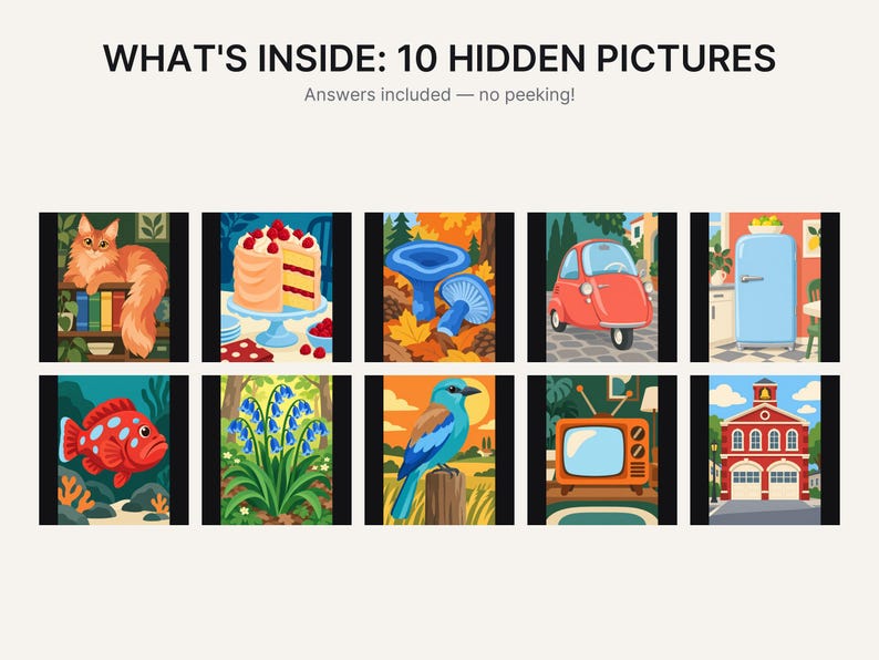 Puede incluir: Un gr&aacute;fico titulado WHAT'S INSIDE: 10 HIDDEN PICTURES que presenta diez ilustraciones coloridas que incluyen un gato, un pastel, hongos azules, un autom&oacute;vil rojo, un refrigerador azul, un pez rojo, flores azules, un p&aacute;jaro azul, un televisor y una estaci&oacute;n de bomberos.