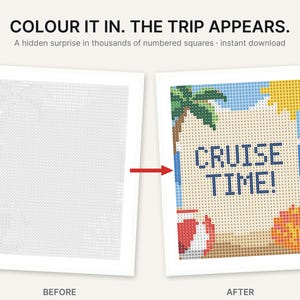 以下が含まれることがあります： COLOUR IT IN. THE TRIP APPEARS. A hidden surprise in thousands of numbered squares. というテキストが記載された番号付きグリッドの塗り絵ページ。左側の画像は空白のグリッドで、右側の画像はCRUISE TIME!というテキストが書かれたカラフルなビーチの風景です。