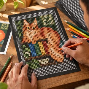 May include: A diamond painting kit featuring a pixelated illustration of a fluffy orange cat resting on a bookshelf filled with colourful books. The design is printed on a black grid background with alphanumeric symbols for colour placement.