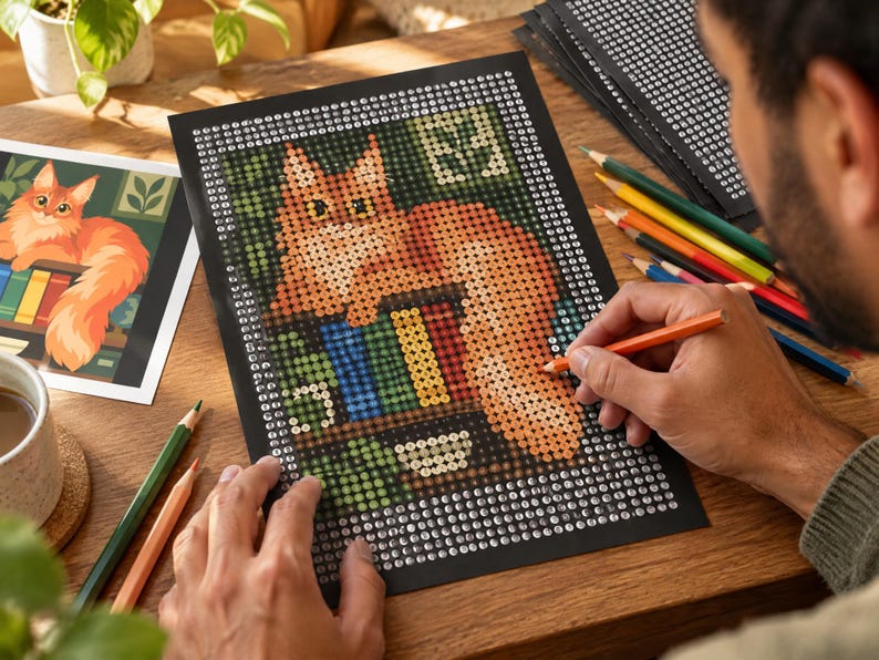 May include: A diamond painting kit featuring a pixelated illustration of a fluffy orange cat resting on a bookshelf filled with colourful books. The design is printed on a black grid background with alphanumeric symbols for colour placement.