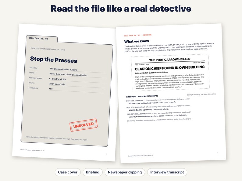 May include: Two white paper documents titled Cold Case No. 02. The left page is a file folder design with the text Stop the Presses and a red Unsolved stamp. The right page contains a briefing titled What we know and a Port Carrow Herald clipping.