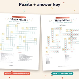 May include: Two white paper sheets featuring a baby shower crossword puzzle titled Baby Miller. The left sheet contains the puzzle grid and clues, while the right sheet displays the completed answer key. Both pages include colorful confetti accents.