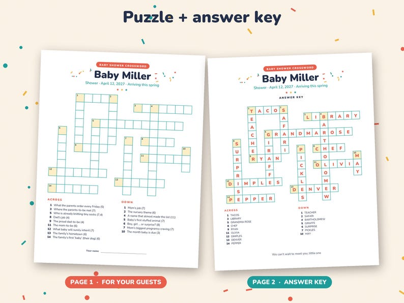 May include: Two white paper sheets featuring a baby shower crossword puzzle titled Baby Miller. The left sheet contains the puzzle grid and clues, while the right sheet displays the completed answer key. Both pages include colorful confetti accents.