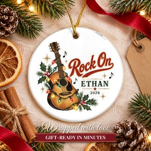 Guitar Ornament Christmas 2026, Guitar Player Gift for Musician, Rock On Custom Name Keepsake, Acoustic Lights Music Lover Ceramic Decor image 10
