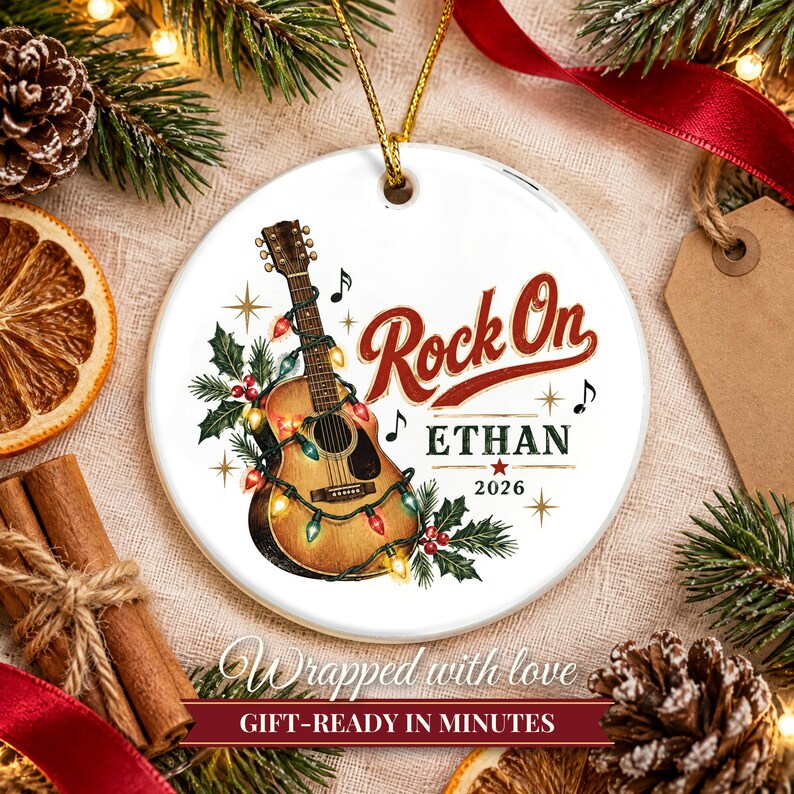 Guitar Ornament Christmas 2026, Guitar Player Gift for Musician, Rock On Custom Name Keepsake, Acoustic Lights Music Lover Ceramic Decor image 10