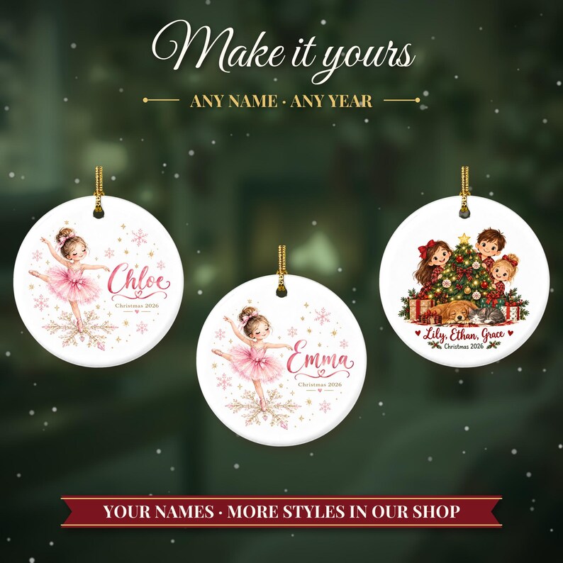 Ballerina Ornament Christmas 2026, Ballet Gift for Girls, Dancer Name Keepsake, Pink Tutu Snowflake Dance Recital Ceramic Tree Ornament image 3