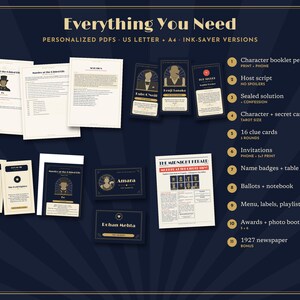 May include: A murder mystery game kit titled Murder at the Gilded Gilt, featuring printed character booklets, host scripts, clue cards, invitations, name badges, ballots, a menu, and a 1927 newspaper. The set includes personalised PDFs in US Letter and A4 sizes.