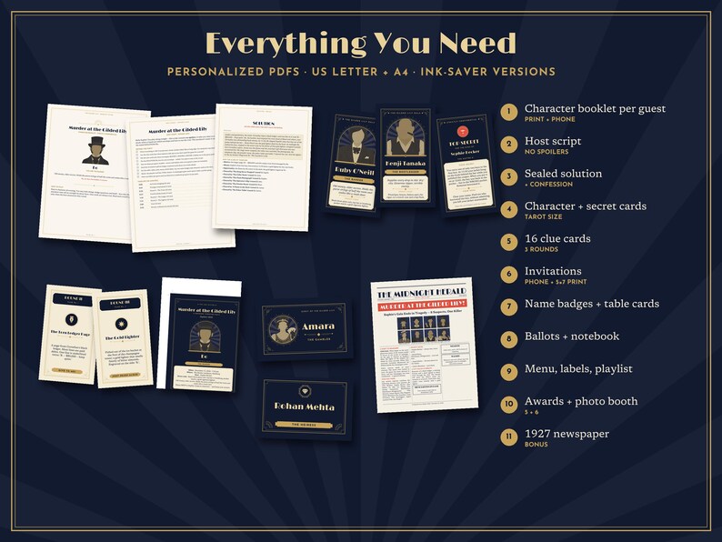 May include: A murder mystery game kit titled Murder at the Gilded Gilt, featuring printed character booklets, host scripts, clue cards, invitations, name badges, ballots, a menu, and a 1927 newspaper. The set includes personalised PDFs in US Letter and A4 sizes.