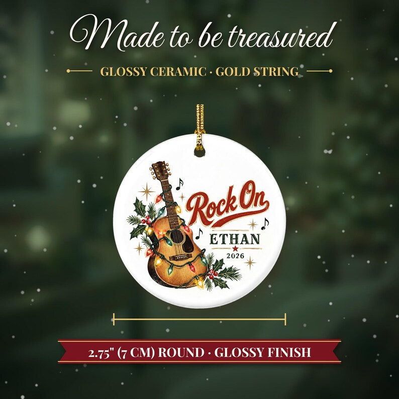 Guitar Ornament Christmas 2026, Guitar Player Gift for Musician, Rock On Custom Name Keepsake, Acoustic Lights Music Lover Ceramic Decor image 5