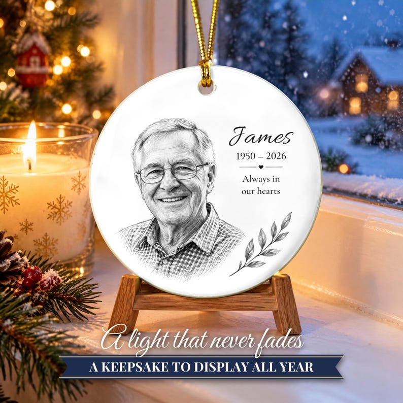 Custom Photo Memorial Christmas Ornament, Hand Drawn Portrait Sketch, In Loving Memory Keepsake, Loss of Loved One, Sympathy Gift zdjęcie 13