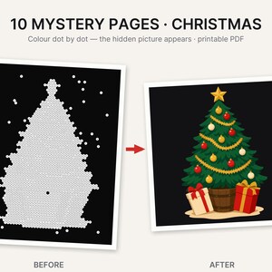 May include: A printable PDF set titled 10 MYSTERY PAGES CHRISTMAS featuring dot-to-dot activity sheets. The before image shows a black page with white dots forming a tree shape, and the after image shows a green Christmas tree with ornaments.