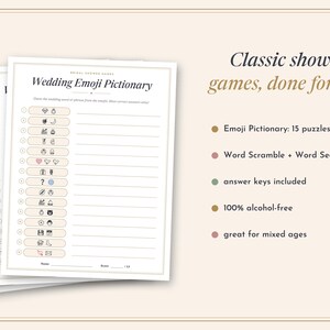 May include: A set of printed bridal shower game sheets featuring a Wedding Emoji Pictionary card with fifteen emoji-based puzzles, lines for answers, and a name and score section. The text includes Classic shower games, done for you.