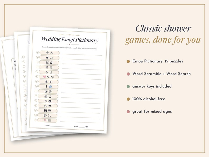 May include: A set of printed bridal shower game sheets featuring a Wedding Emoji Pictionary card with fifteen emoji-based puzzles, lines for answers, and a name and score section. The text includes Classic shower games, done for you.