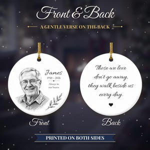 Double Sided Photo Memorial Christmas Ornament, Hand Drawn Portrait Sketch, In Loving Memory Keepsake, Loss of Loved One Gift image 2