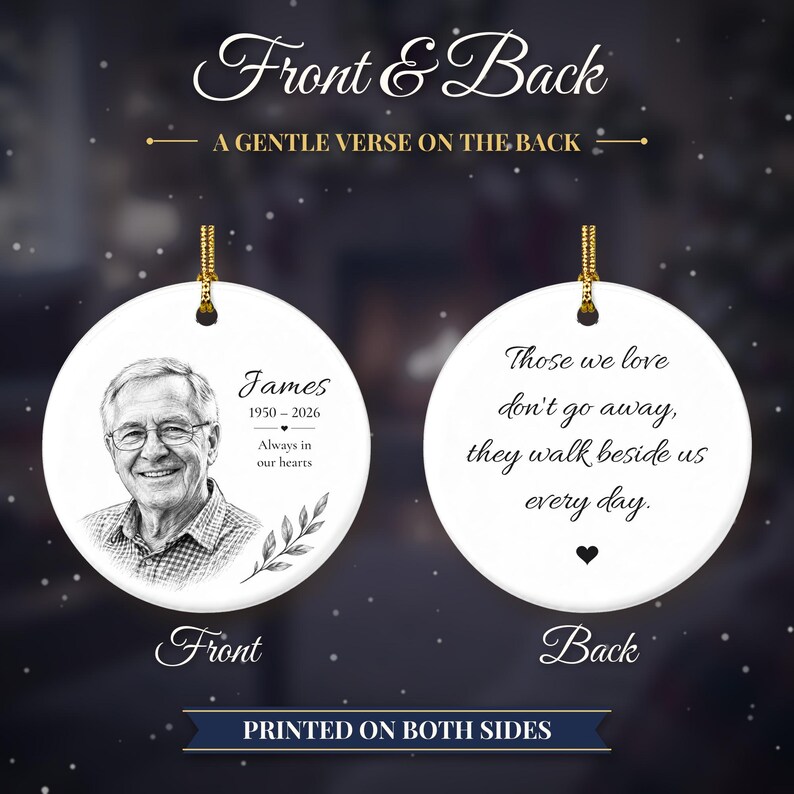Double Sided Photo Memorial Christmas Ornament, Hand Drawn Portrait Sketch, In Loving Memory Keepsake, Loss of Loved One Gift image 2