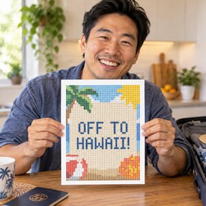 May include: A rectangular diamond painting art piece featuring a pixelated beach scene with a palm tree, a yellow sun, a red and white beach ball, and an orange starfish. The text "OFF TO HAWAII!" is printed in dark blue block letters in the center.