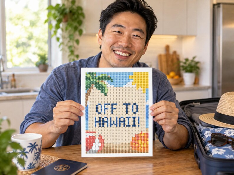 May include: A rectangular diamond painting art piece featuring a pixelated beach scene with a palm tree, a yellow sun, a red and white beach ball, and an orange starfish. The text "OFF TO HAWAII!" is printed in dark blue block letters in the center.