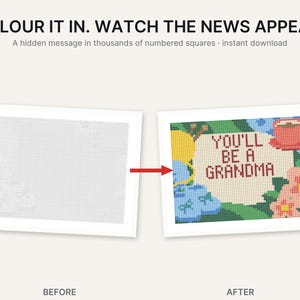 Puede incluir: Una actividad de colorear en cuadr&iacute;cula numerada con el texto COLOUR IT IN. WATCH THE NEWS APPEAR. A hidden message in thousands of numbered squares. La imagen antes muestra una cuadr&iacute;cula vac&iacute;a, la despu&eacute;s revela YOU'LL BE A GRANDMA.