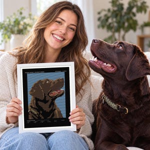K&ouml;nnte beinhalten: Ein gerahmter Portr&auml;tdruck mit einer verpixelten Illustration eines schokoladenfarbenen Labrador-Retrievers. Das Kunstwerk zeigt einen braunen Hund vor blauem Hintergrund mit Text oben und unten, pr&auml;sentiert in einem schlichten wei&szlig;en Rahmen.