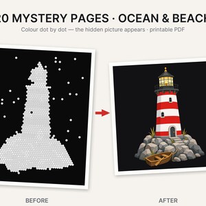 May include: 20 Mystery Pages Ocean & Beach printable PDF showing a before and after dot-to-dot activity. The before image features white dots on a black background, and the after image displays a red and white lighthouse on rocks with a boat.