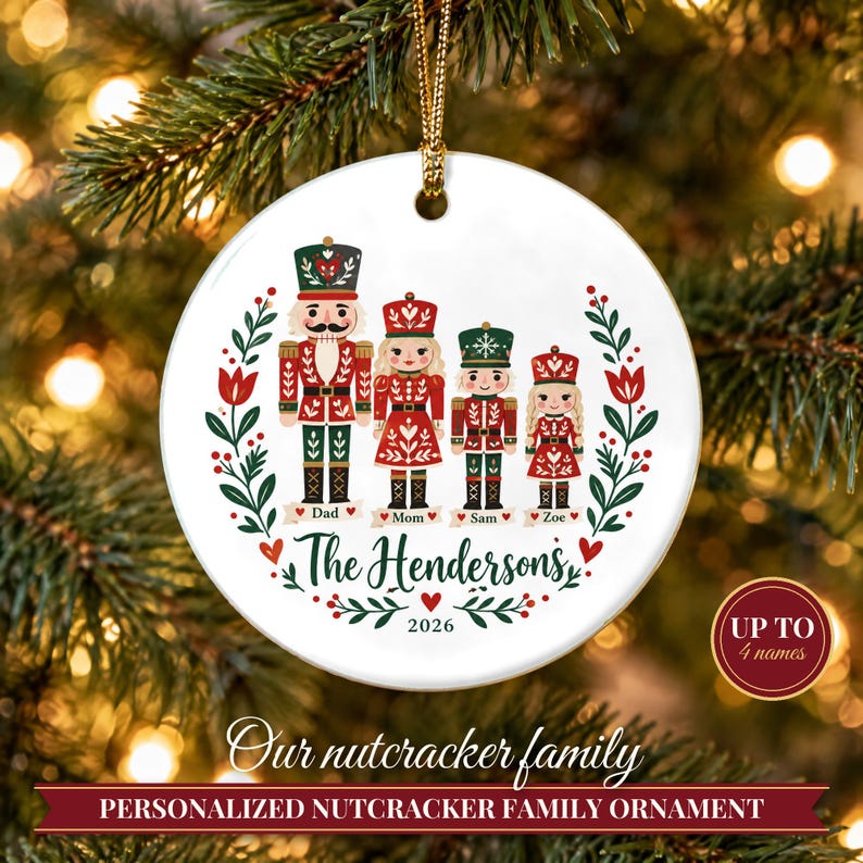 Nutcracker Ornament Christmas 2026, Family of Four Name Keepsake, Custom Nutcracker Family Gift, Toy Soldier Ceramic Tree Decor for Mom image 1