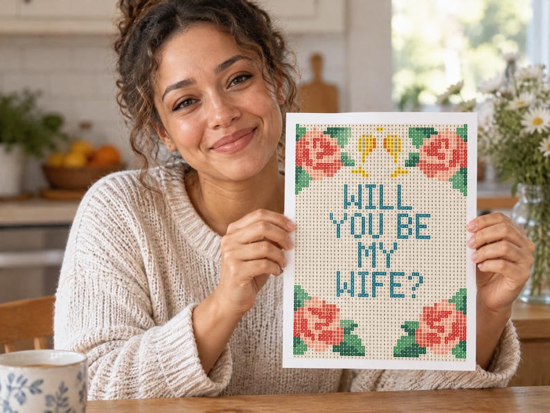 Puede incluir: Un proyecto de manualidades de pintura de diamantes rectangular con el texto WILL YOU BE MY WIFE? en letras azules. El dise&ntilde;o est&aacute; enmarcado por cuatro grupos de rosas rosadas con hojas verdes y dos peque&ntilde;as copas de champ&aacute;n amarillas arriba.