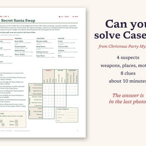 May include: A printed logic puzzle sheet titled The Secret Santa Swap from Christmas Party Mysteries. The page includes a narrative, lists of suspects, weapons, locations, motives, eight numbered clues, a grid for deduction, and gift tag labels.