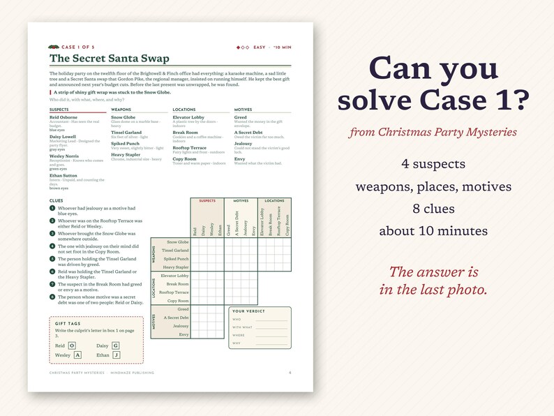 May include: A printed logic puzzle sheet titled The Secret Santa Swap from Christmas Party Mysteries. The page includes a narrative, lists of suspects, weapons, locations, motives, eight numbered clues, a grid for deduction, and gift tag labels.