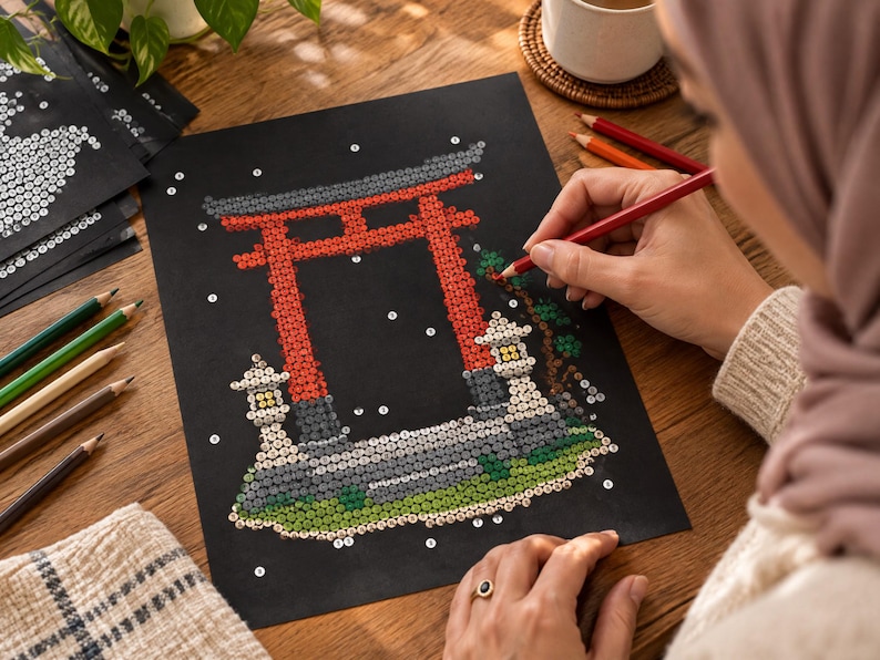 Pu&ograve; includere: Un foglio di carta nero con un disegno puntinato di un torii rosso e lanterne di pietra. Il motivo &egrave; parzialmente riempito con cerchi colorati. Una matita rossa viene utilizzata per unire i punti sul foglio appoggiato su una superficie in legno.
