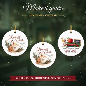 Coffee Lover Gift Christmas Ornament 2026, Latte Cup of Cheer Custom Name Keepsake, Gingerbread Cookie Barista Ceramic Tree Decor for Her image 3