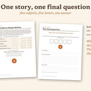 May include: Two white paper pages featuring text and game elements for a mystery puzzle. The left page is titled Meanwhile in Maple Hollow with a case board list. The right page is titled The final question with blank boxes and lines for writing.