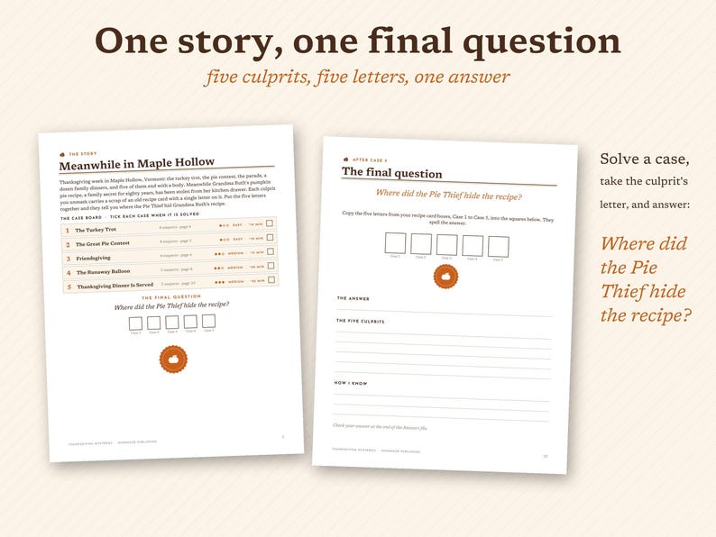 May include: Two white paper pages featuring text and game elements for a mystery puzzle. The left page is titled Meanwhile in Maple Hollow with a case board list. The right page is titled The final question with blank boxes and lines for writing.