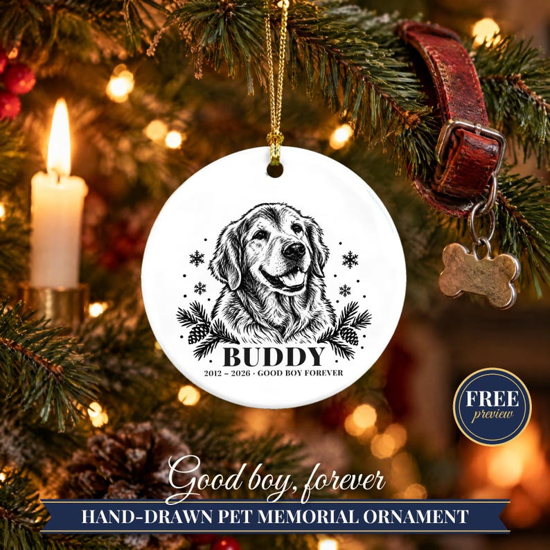 Personalized Dog Memorial Ornament from Photo, Custom Pet Portrait, Dog Mom Gift, Pet Loss Gift, Christmas Dog Remembrance Keepsake image 1