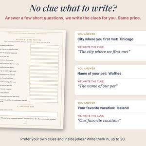 May include: A questionnaire sheet titled Personalized Anniversary Crossword with 16 numbered prompts for personal details, alongside three example boxes showing user answers like Chicago, Waffles, and Iceland with corresponding crossword clues.