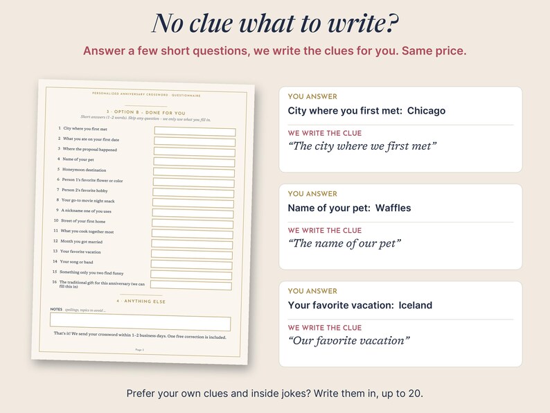 May include: A questionnaire sheet titled Personalized Anniversary Crossword with 16 numbered prompts for personal details, alongside three example boxes showing user answers like Chicago, Waffles, and Iceland with corresponding crossword clues.