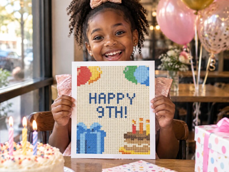 May include: A rectangular diamond painting craft project featuring a pixelated design with the text HAPPY 9TH! in blue, accompanied by illustrations of colorful balloons, a blue gift box, and a birthday cake with three lit candles.