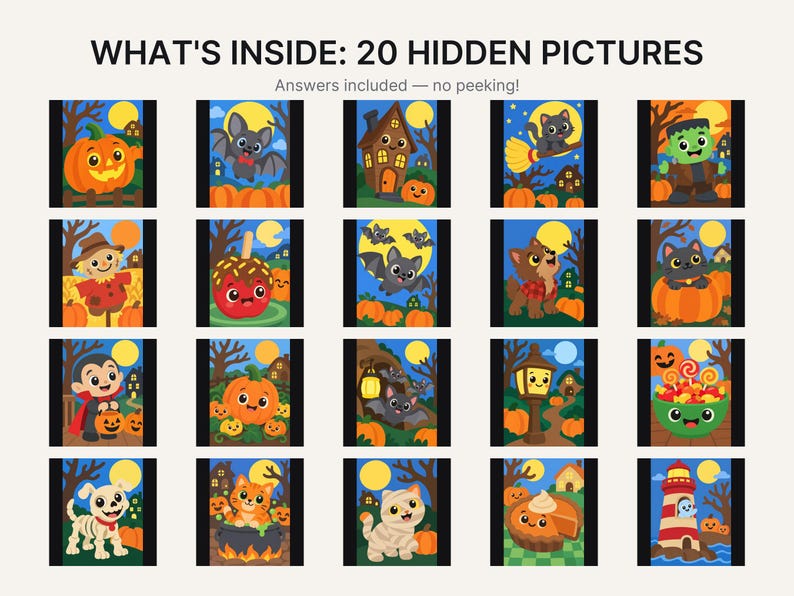 May include: A collection of 20 Halloween-themed hidden picture puzzles arranged in a grid. The text at the top reads WHAT'S INSIDE: 20 HIDDEN PICTURES and Answers included &mdash; no peeking!. Each square features colorful cartoon illustrations.