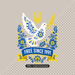 Może przedstawiać: Graficzna ilustracja przedstawiająca białego gołębia w niebiesko-żółte kwiatowe wzory, trzymającego kłos pszenicy. Powyżej znajduje się żółty symbol trójzębu. Poniżej niebieska wstęga z białym napisem FREE SINCE 1991 oraz kwiatowymi akcentami.
