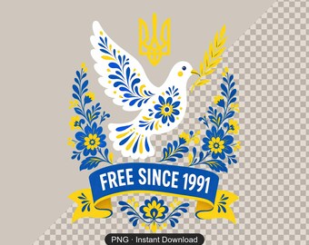 May include: A graphic illustration featuring a white dove with blue and yellow floral patterns, holding a wheat sprig. Above is a yellow trident symbol. Below, a blue ribbon banner displays the white text FREE SINCE 1991, with floral accents.