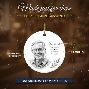 Custom Photo Memorial Christmas Ornament, Hand Drawn Portrait Sketch, In Loving Memory Keepsake, Loss of Loved One, Sympathy Gift zdjęcie 4