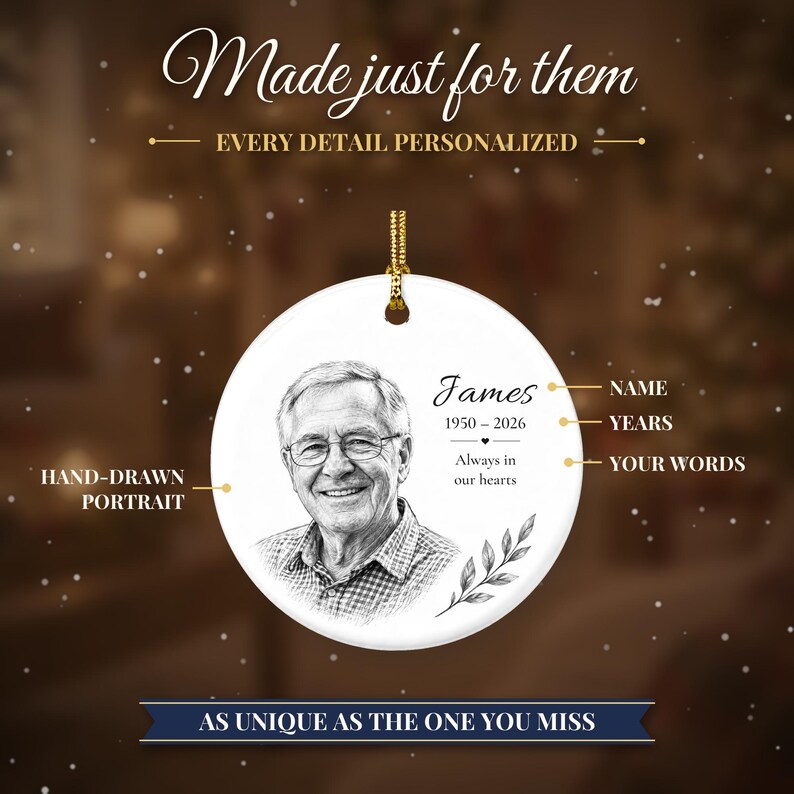 Custom Photo Memorial Christmas Ornament, Hand Drawn Portrait Sketch, In Loving Memory Keepsake, Loss of Loved One, Sympathy Gift zdjęcie 4