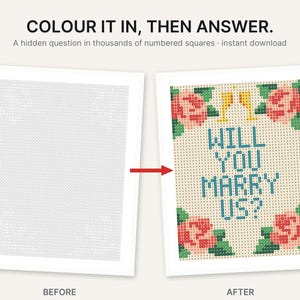 Puede incluir: Una hoja de actividades de colorear por n&uacute;meros con una cuadr&iacute;cula de cuadrados numerados. La versi&oacute;n antes es una cuadr&iacute;cula en blanco, mientras que la versi&oacute;n despu&eacute;s revela el texto WILL YOU MARRY US? en azul, rodeado de rosas rosas y copas de champ&aacute;n amarillas.