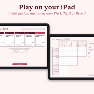 May include: Two tablets displaying a digital mystery game interface. The left screen shows 'The Case Board' with five case files, while the right screen displays a logic grid puzzle with categories for suspects, locations, and items to solve the mystery.
