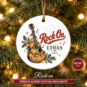 Guitar Ornament Christmas 2026, Guitar Player Gift for Musician, Rock On Custom Name Keepsake, Acoustic Lights Music Lover Ceramic Decor image 1