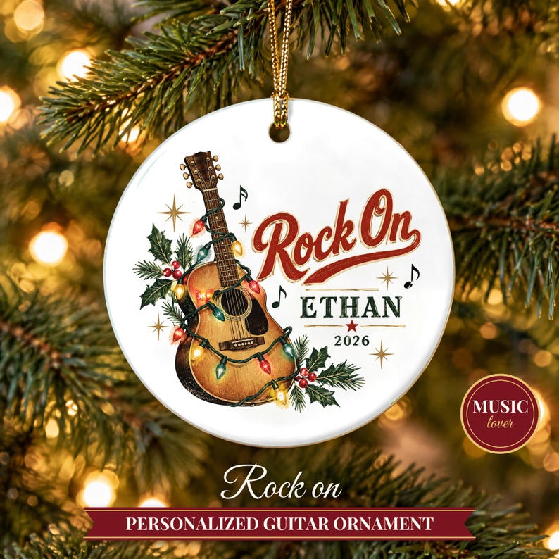 Guitar Ornament Christmas 2026, Guitar Player Gift for Musician, Rock On Custom Name Keepsake, Acoustic Lights Music Lover Ceramic Decor image 1