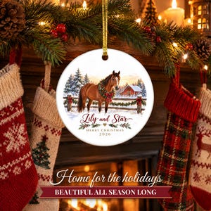 Horse Ornament Christmas 2026, Horse Lover Gift for Girls, Equestrian Name Keepsake, Snowy Barn Country Ceramic Tree Decor for Rider image 8