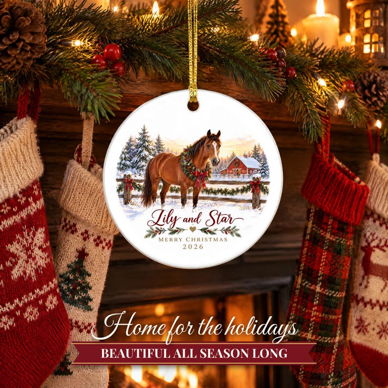 Horse Ornament Christmas 2026, Horse Lover Gift for Girls, Equestrian Name Keepsake, Snowy Barn Country Ceramic Tree Decor for Rider image 8